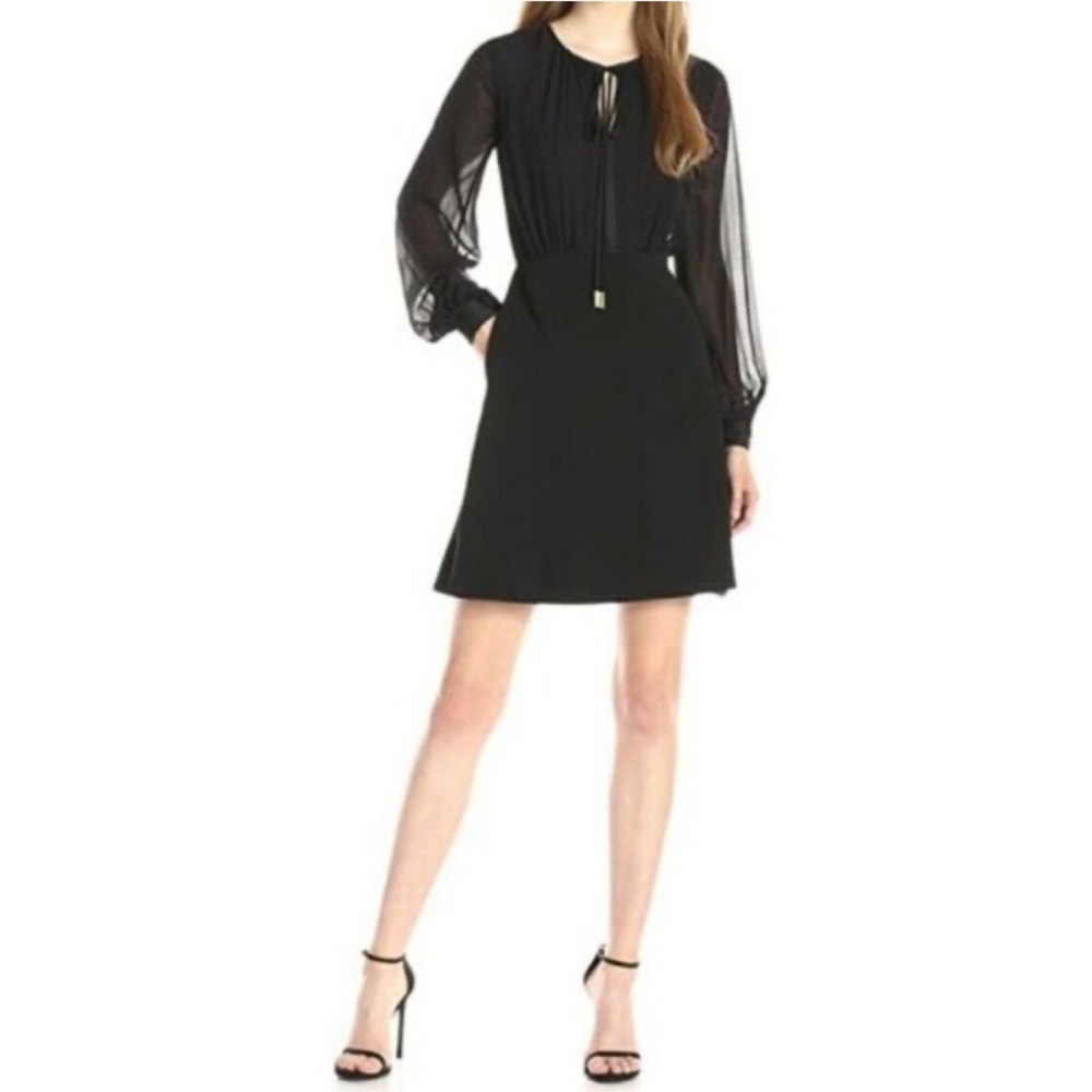 Erin Fetherston Black Chiffon Crepe Mini Dress Long Sheer Sleeves Womens Size 8